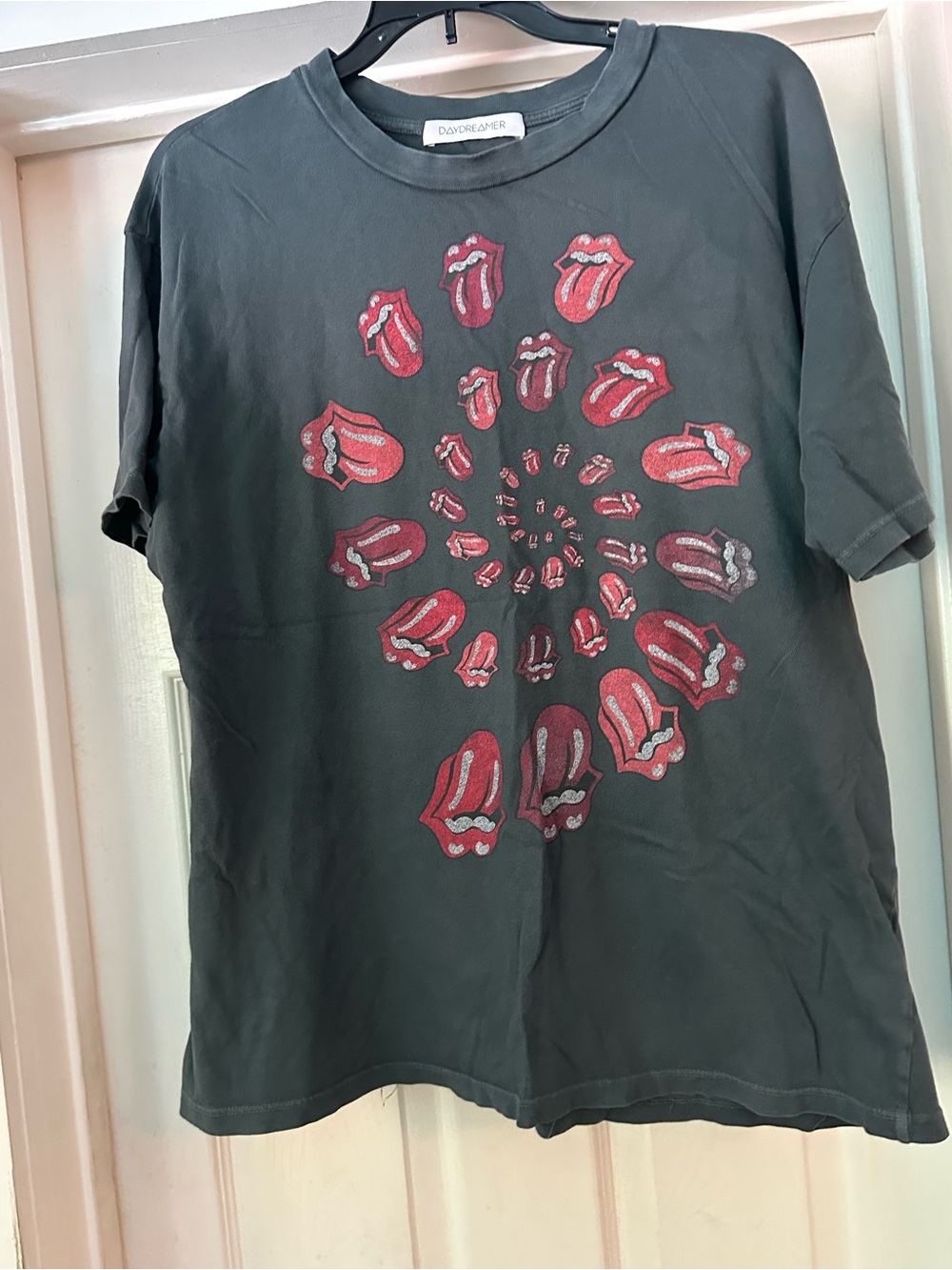 Daydreamer Charcoal Tee with Red Lip Spiral Graphic